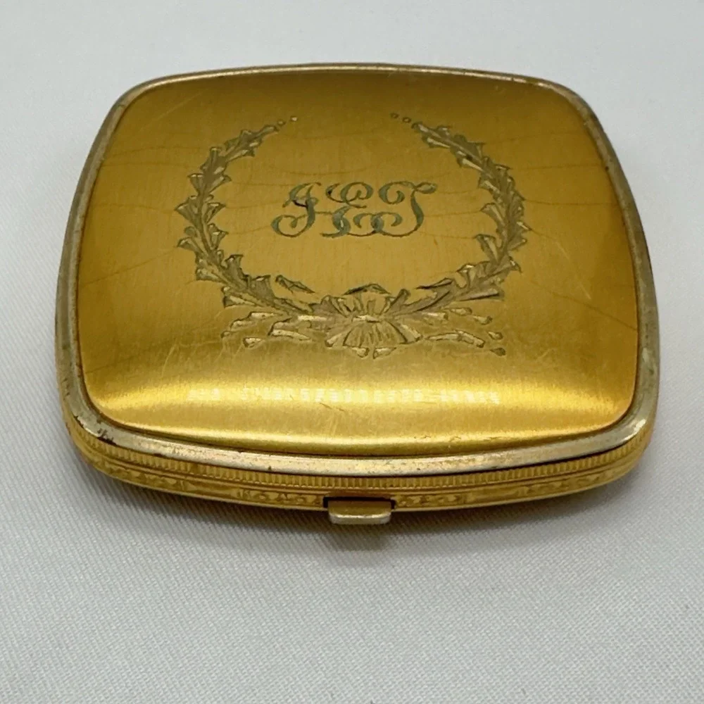 Vintage Gold Tone Powder Double Compact Mirror Mid Century Vanity